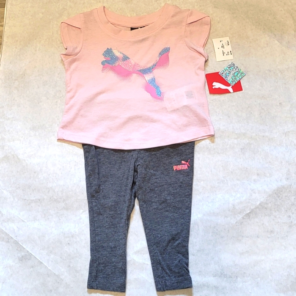 Puma llight pink tee shirt and grey tights/leggings